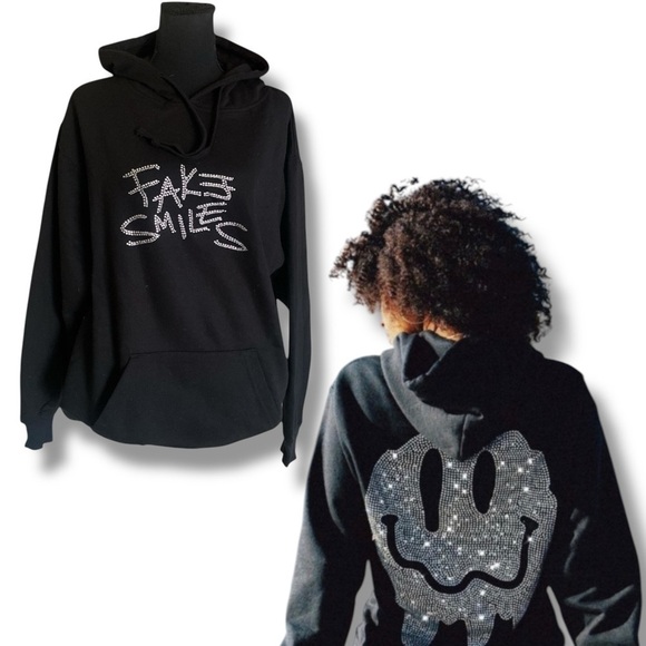 Yours Truly Tops - YOURS TRULY “FAKE SMILES” PHORA Fleece Hoodie Medium Black Silver Rhinestones